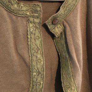 brown cropped cardigan with muted green lace trim